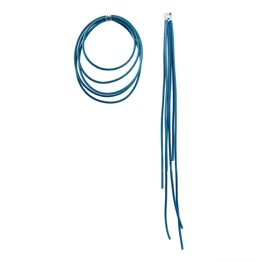 dark teal asymmetric rubber earrings on a white background