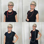 Rowan showing different ways to wear and style the long statement necklace.