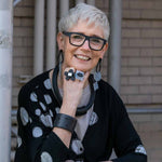 rowan wearing chunky rubber and perspex jewellery