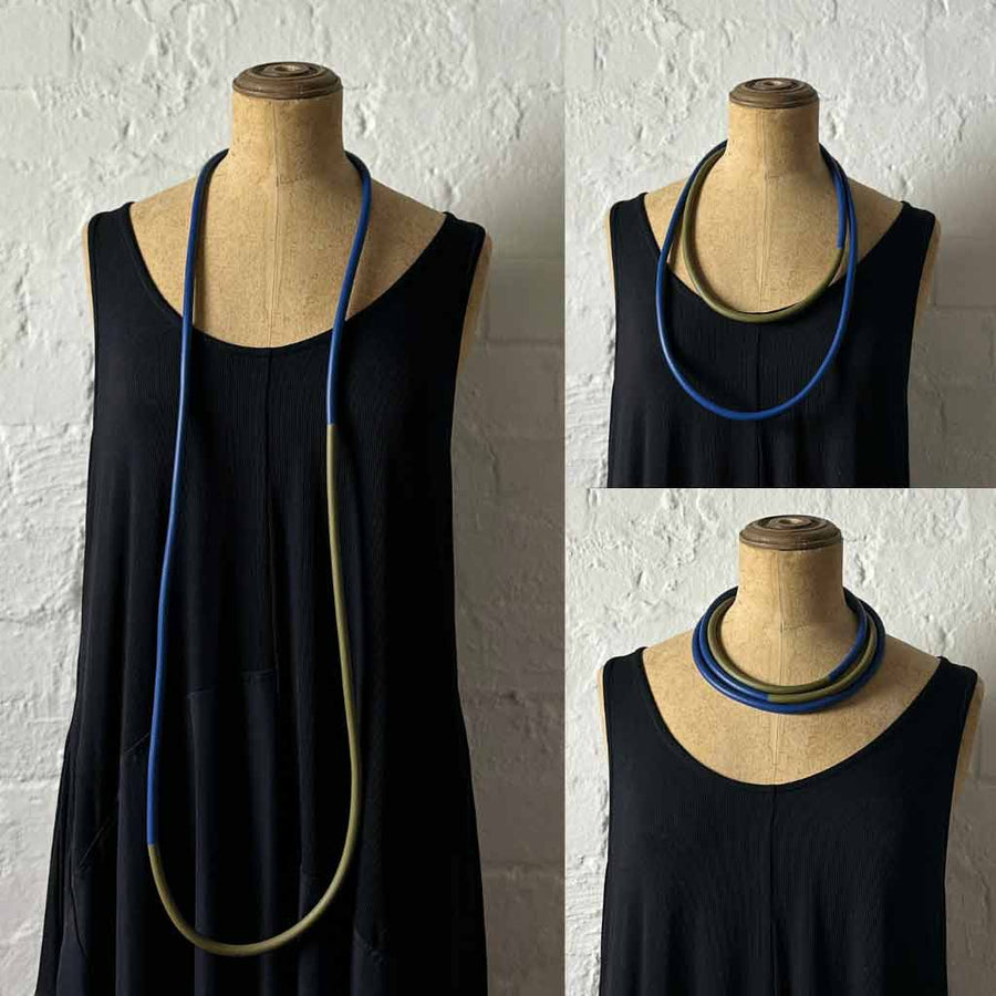 Long blue and green statement necklace