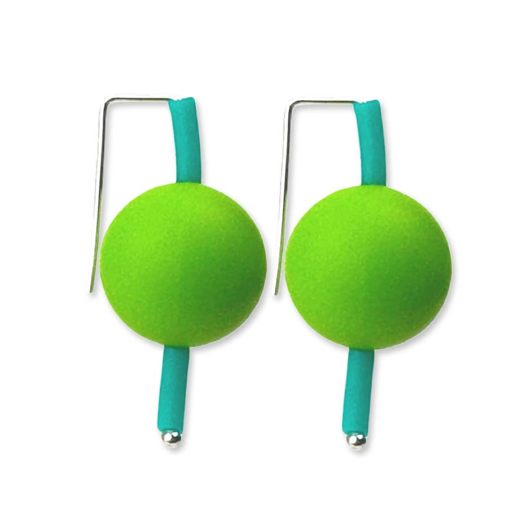 teal and green supersized earrings on a white background