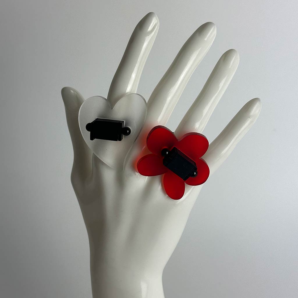 close up of mannequin showing two chunky perspex rings