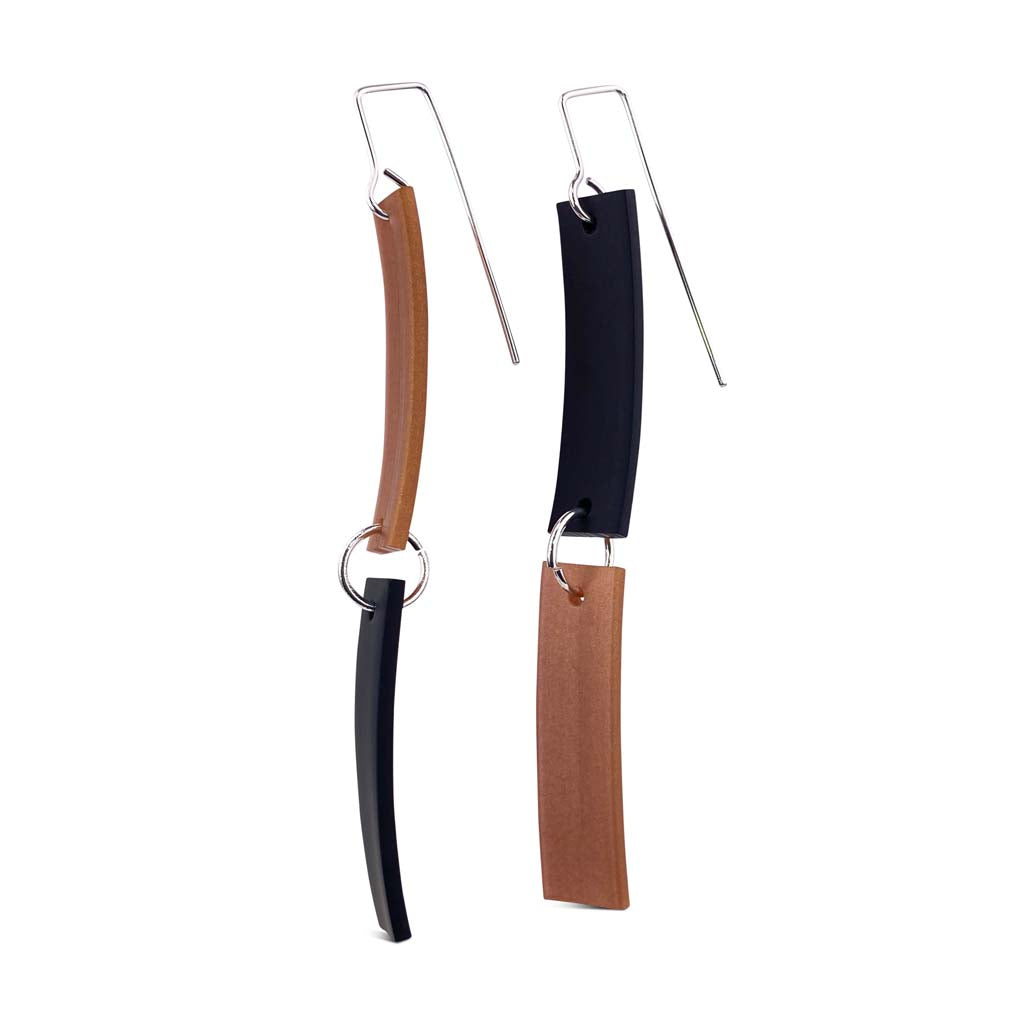 bronze and black Long rubber earrings, colour block lightweight design