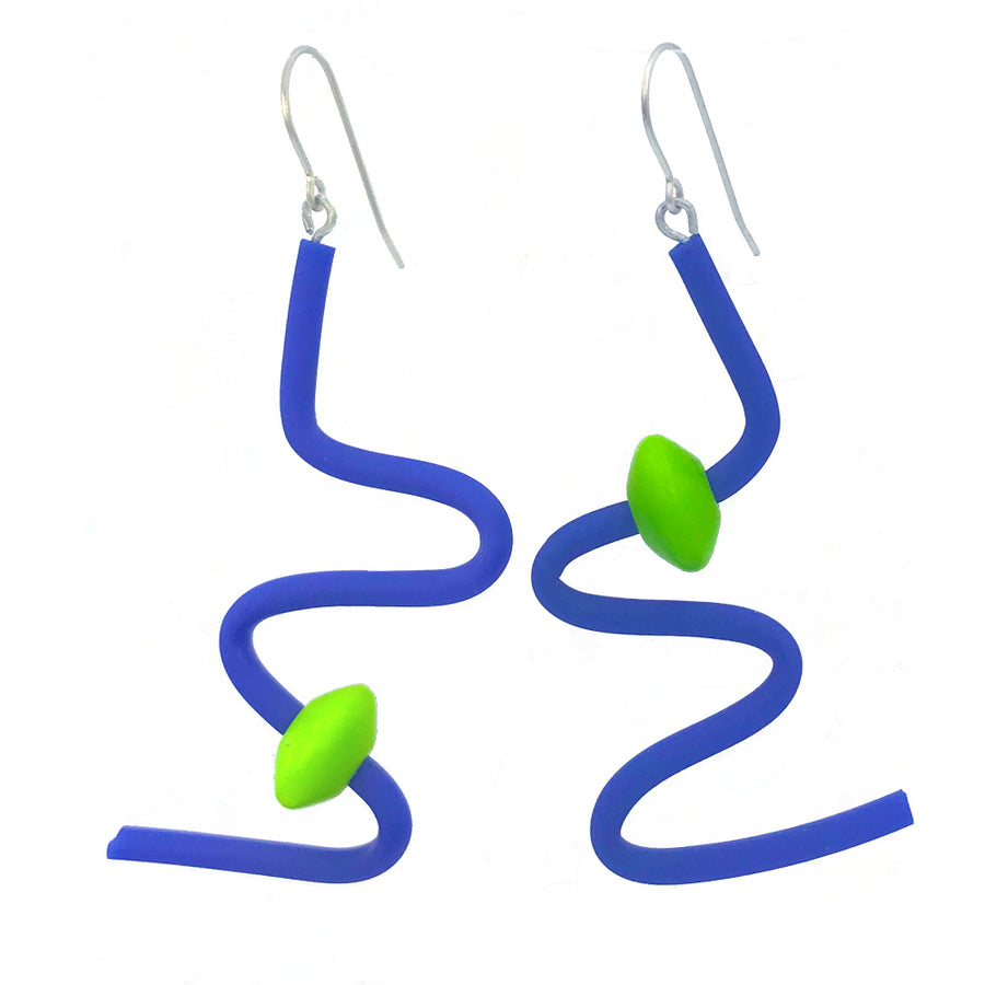 blue red squiggle earrings with green beads on a white background