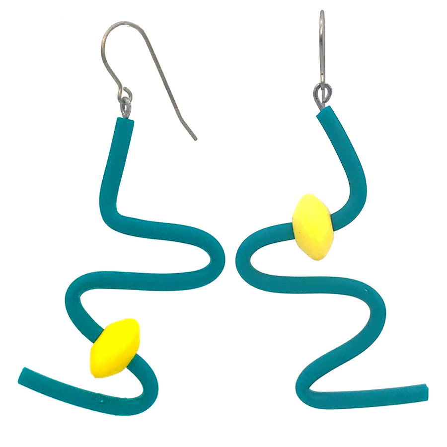 teal squiggle earrings with yellow beads on a white background