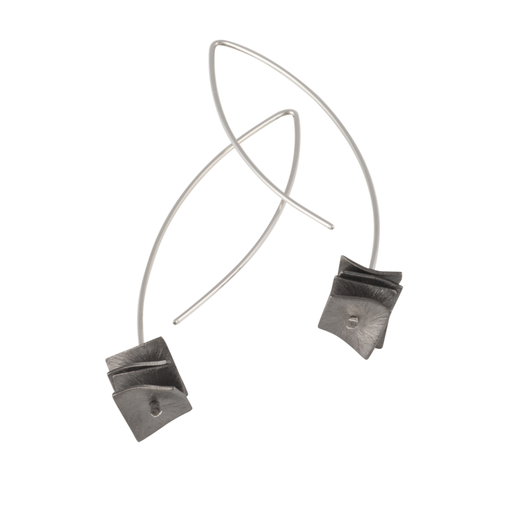 silver drop earrings with dark square disks on a white background