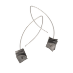 silver drop earrings with dark square disks on a white background