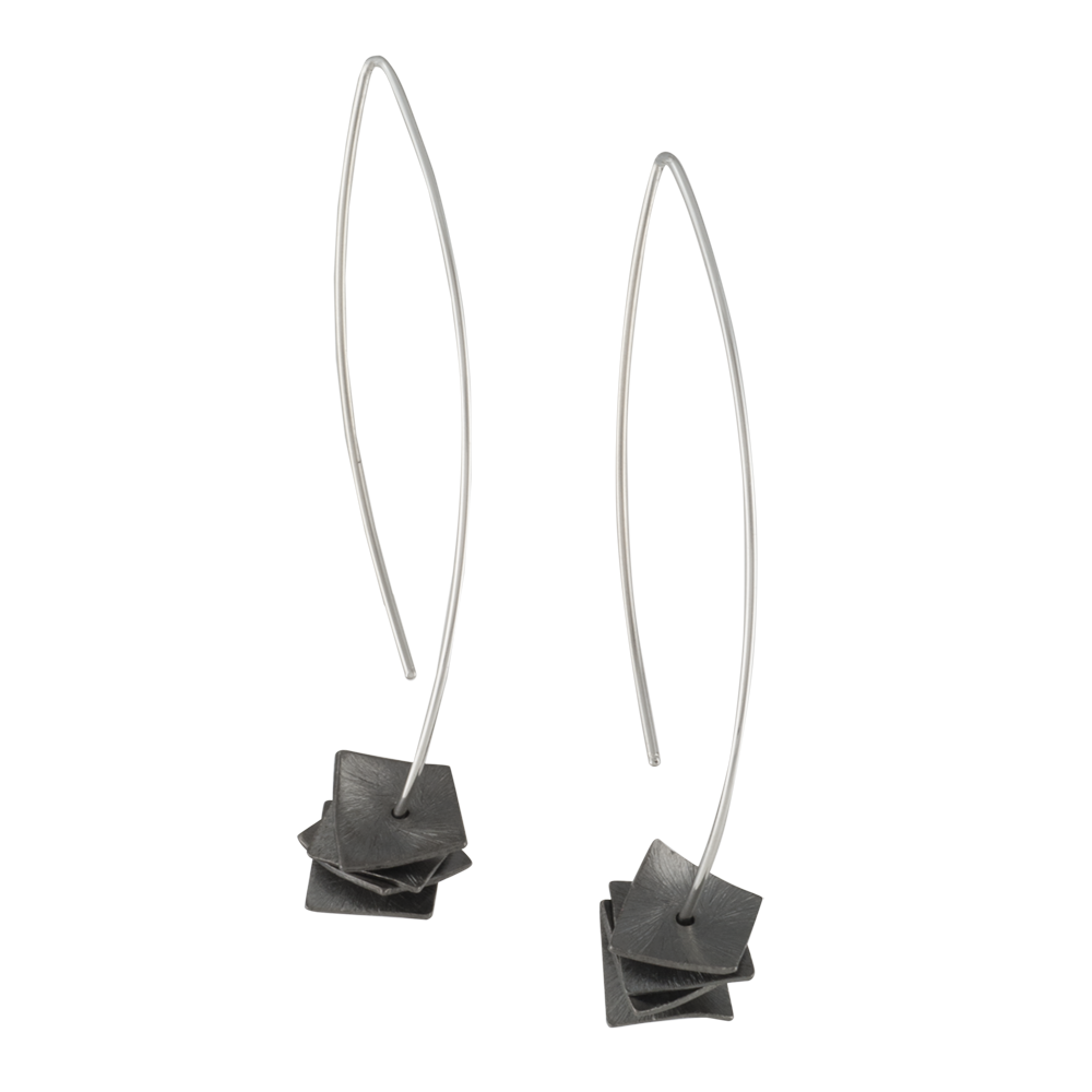 silver drop earrings with dark square disks on a white background