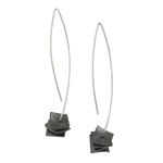 silver drop earrings with dark square disks on a white background