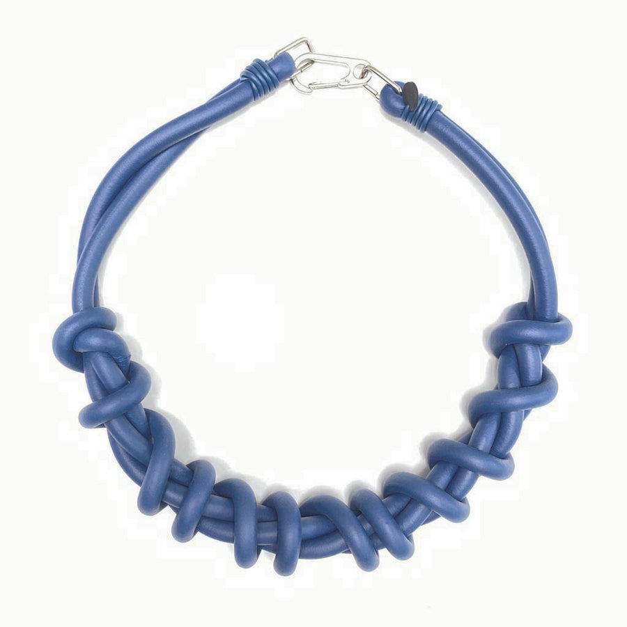 blue twist necklace on a white background