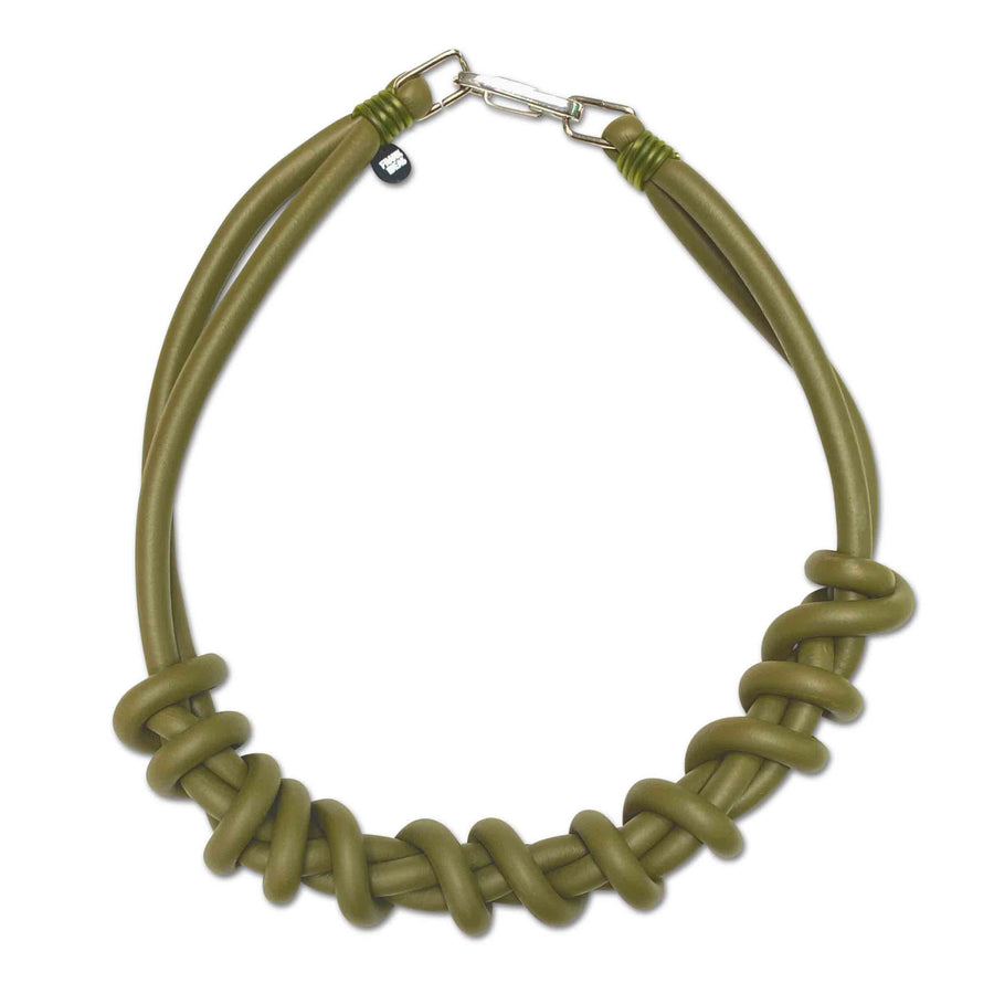 color olive/green twist necklace on a white background