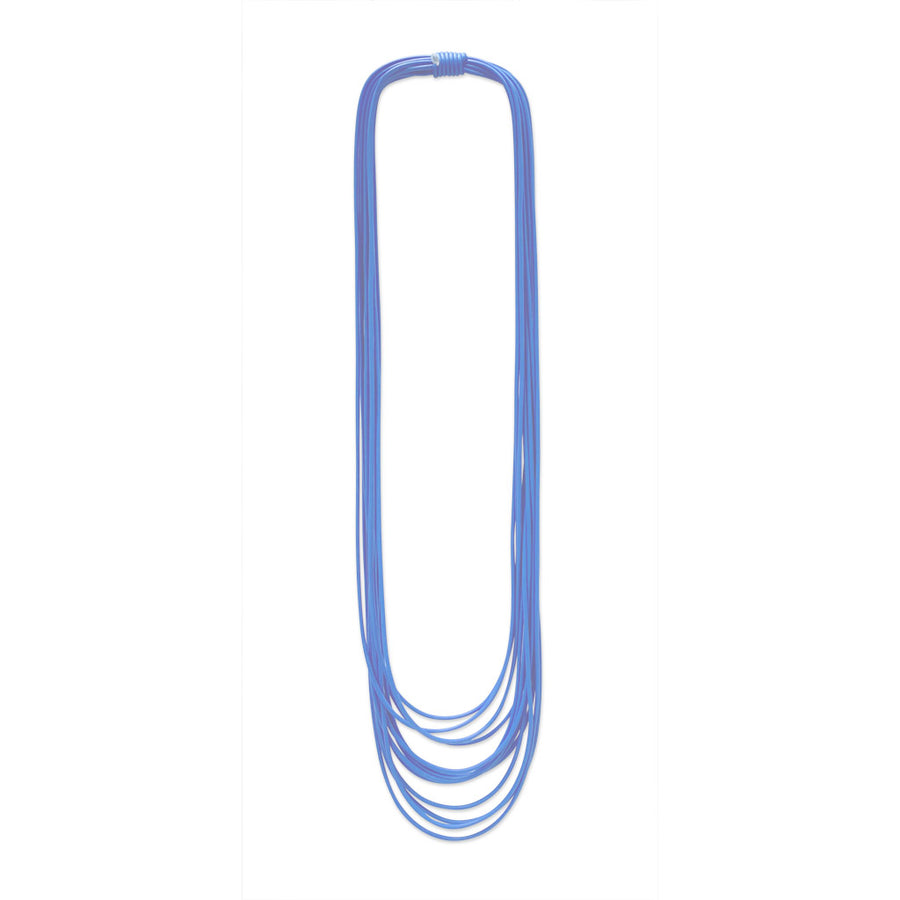 blue long necklace on a white background