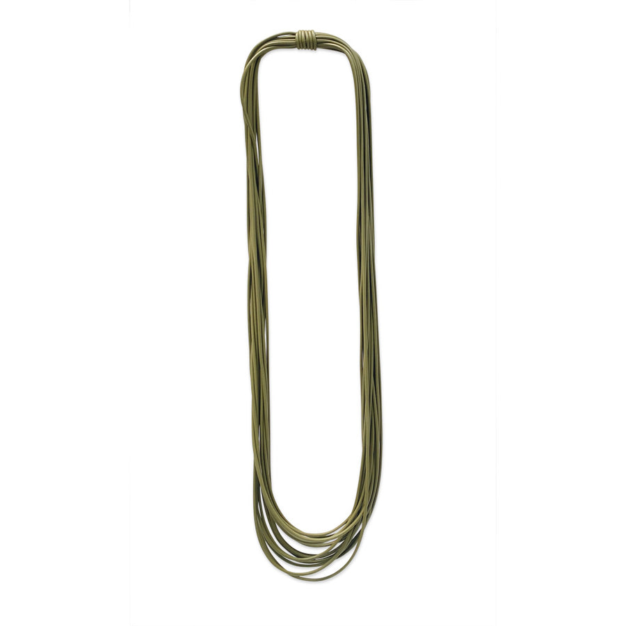 olive green long necklace on a white background