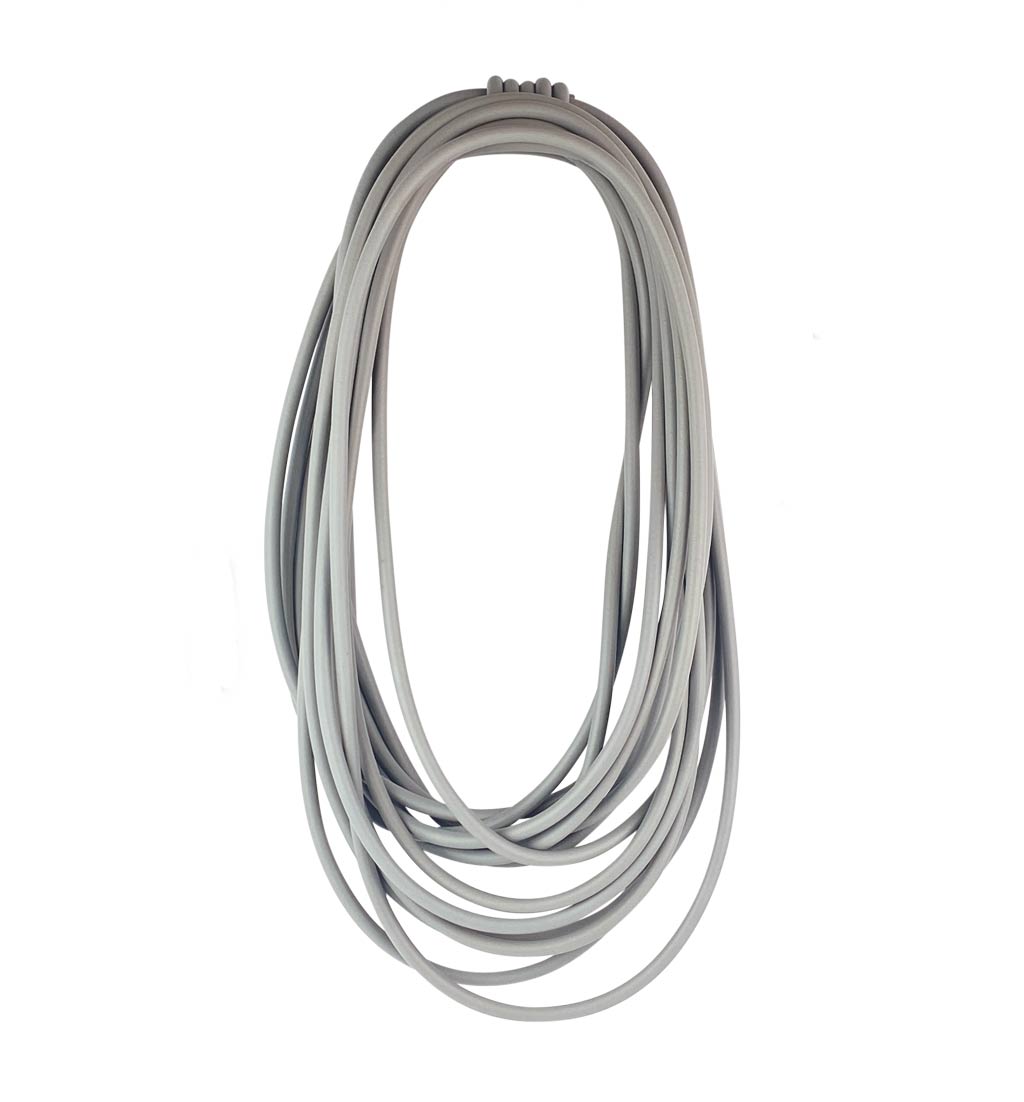 long grey rubber necklace on a white background