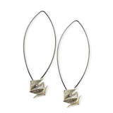 silver drop earrings with silver square disks on a white background