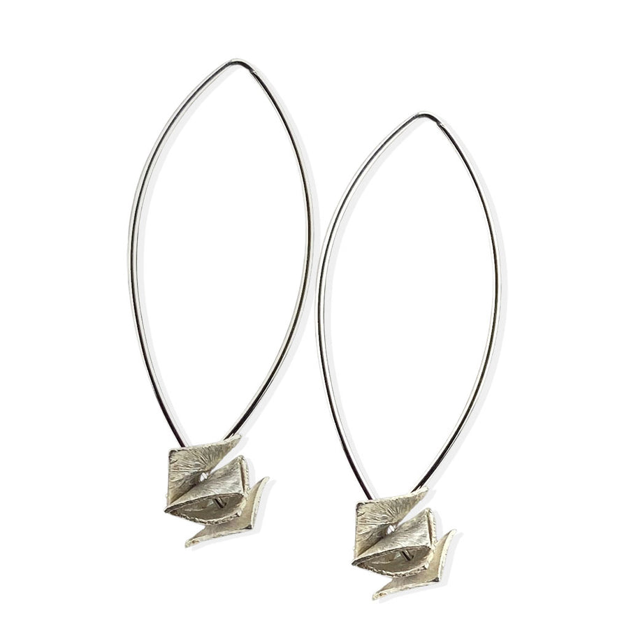 silver drop earrings with silver square disks on a white background