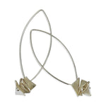 silver drop earrings with silver square disks on a white background