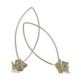 silver drop earrings with silver square disks on a white background