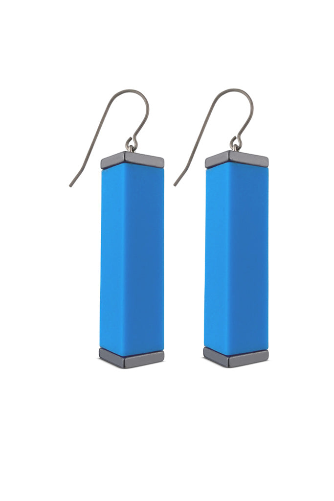 blue tower earrings on a white background