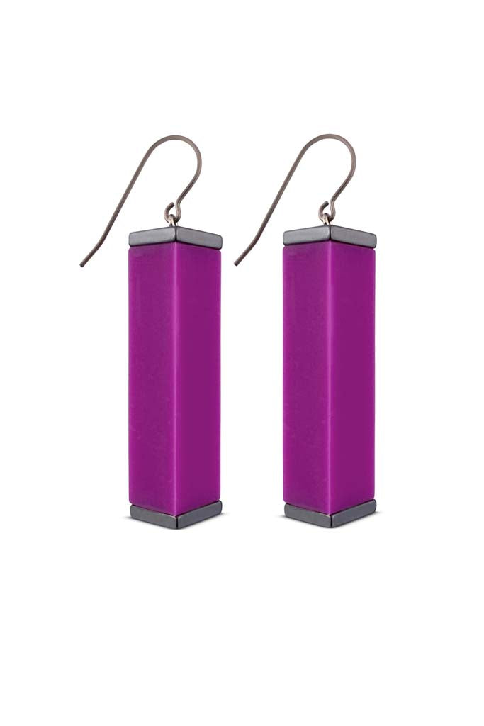 purple tower earrings on a white background