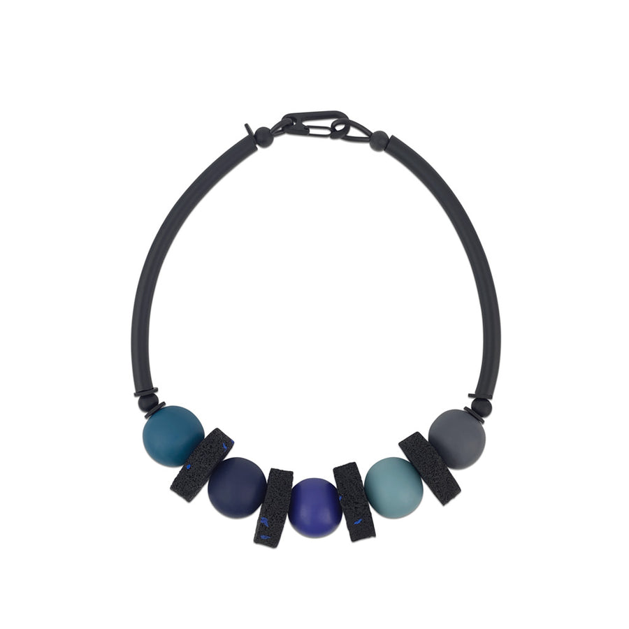 bold, blue resin and rubber, modern necklace by Frank Ideas