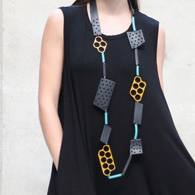 Fascinating Wearable Art jewellery made from recycled rubber