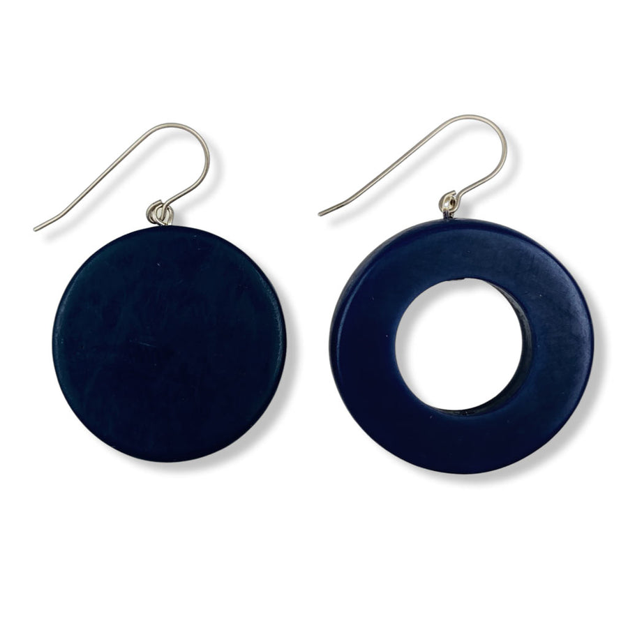 dark blue mismatched resin earrings, disk and ring