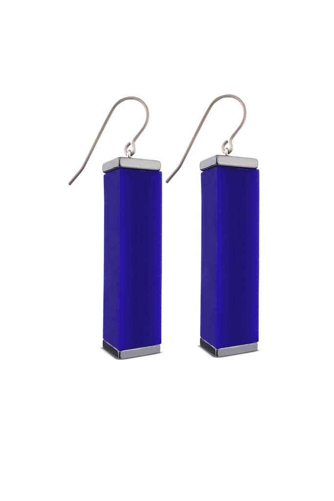 blue tower earrings on a white background