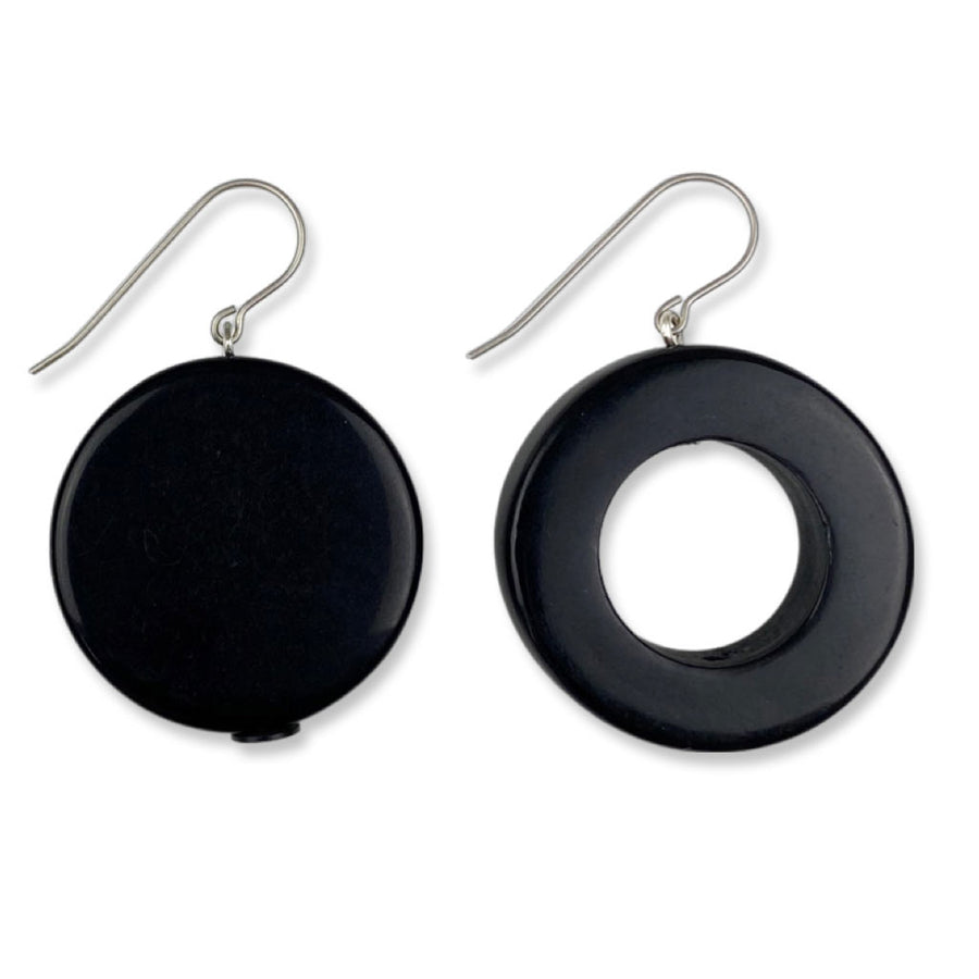 shiny black ring and disk mismatched earrings