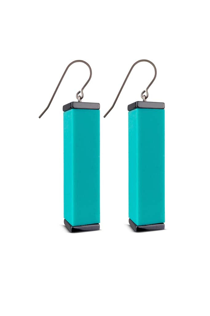 teal tower earrings on a white background