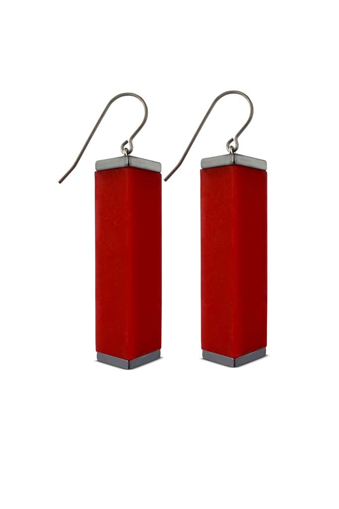 red tower earrings  on a white background