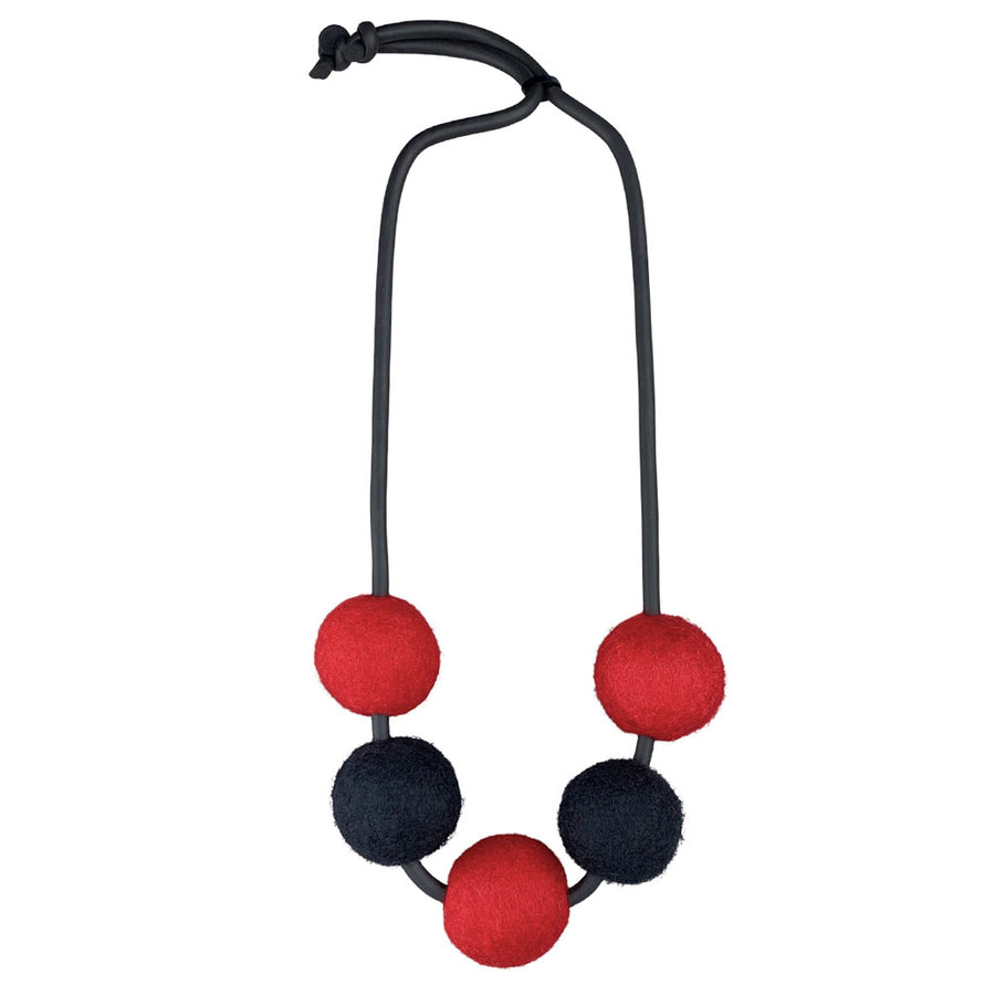black and red 5 felt bead necklace on a white background