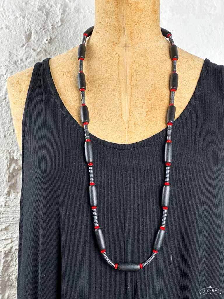 black and red hematite resin necklace on a neck mannequin 