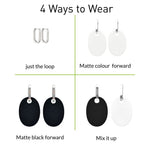 Instructions explaining 4 ways to wear reversible perspex earrings for Frank Ideas