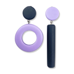 Asymmetrical blue and purple dot and dash earrings on a white background
