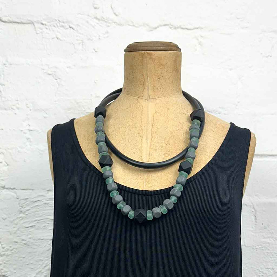 sample long sea glass, rubber and resin bead necklace