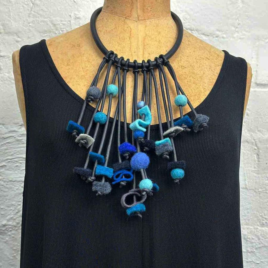 Cascading Felt Necklace -blues. Sample