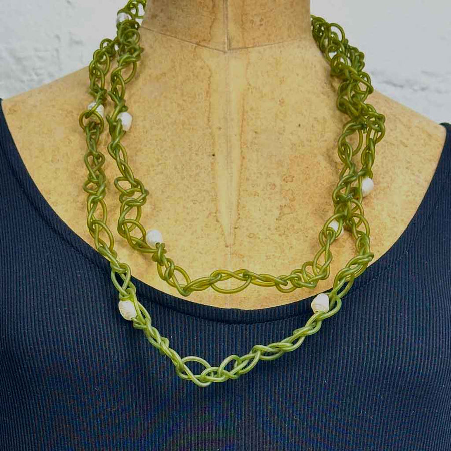 chaotic necklace -seaweed green with pearls