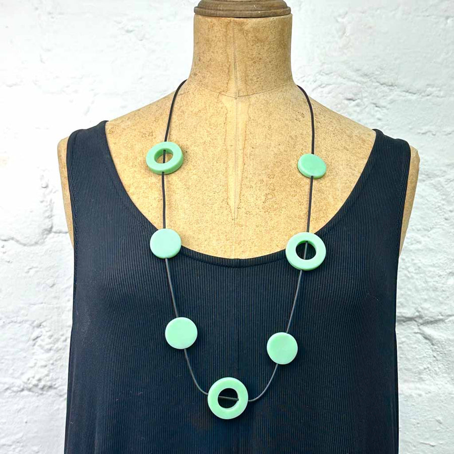 Large resin disk  and ring necklace-pale teal