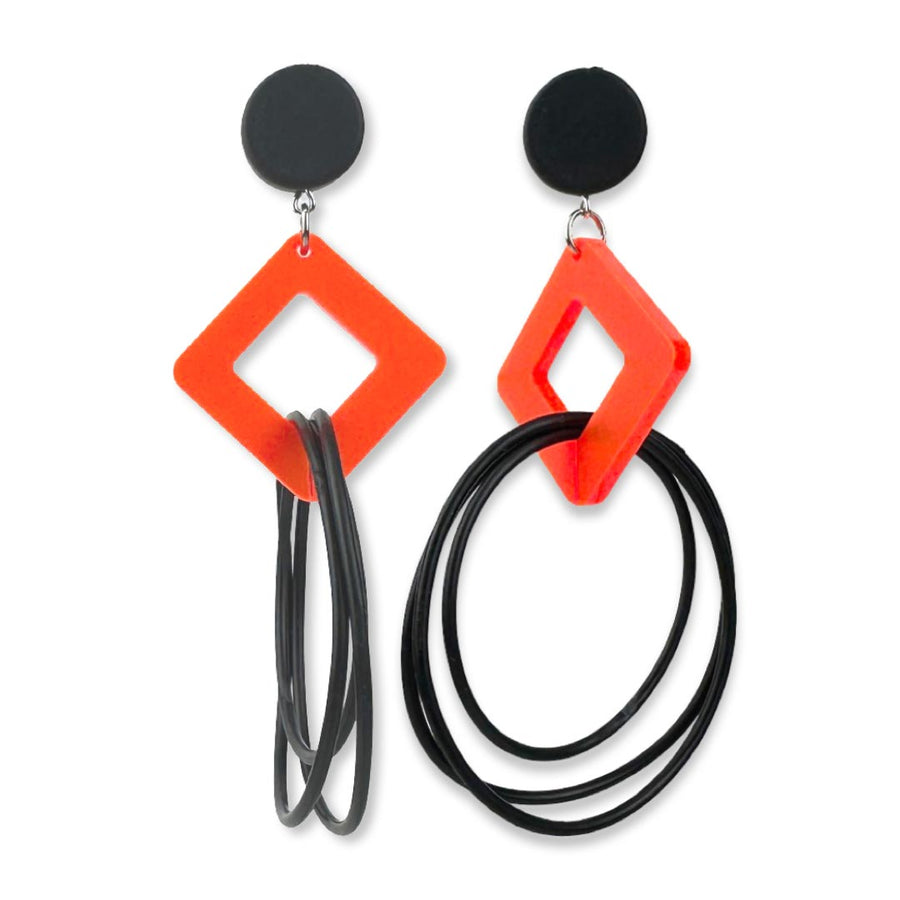 square shape, recycled rubber O, designer earrings