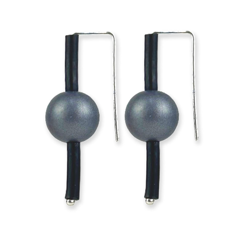 Two metallic grey spherical drop earrings with black vertical bars and hooked wire backs are set against a white background.