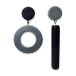 Asymmetrical black and dark grey dot and dash earrings on a white background