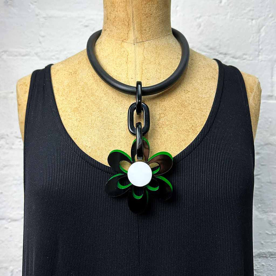 Black and Green Short  Flower Power 6 Petal Necklace seconds