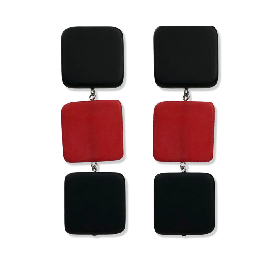 Australian Designed Red and Black Square Earring photographed on a white background.