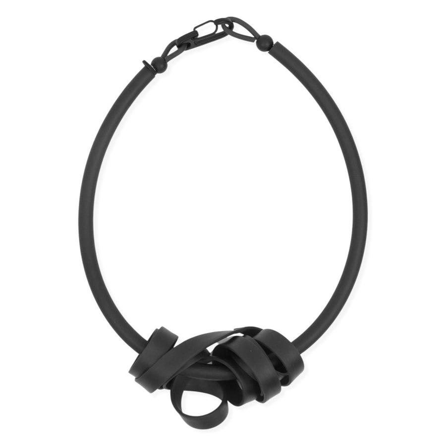 black rubber tangled necklace on a white background
