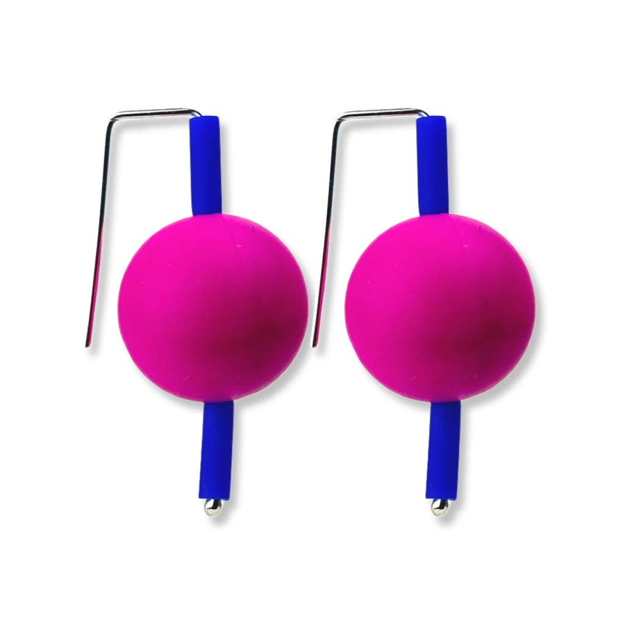 blue and pink supersized earrings on a white background