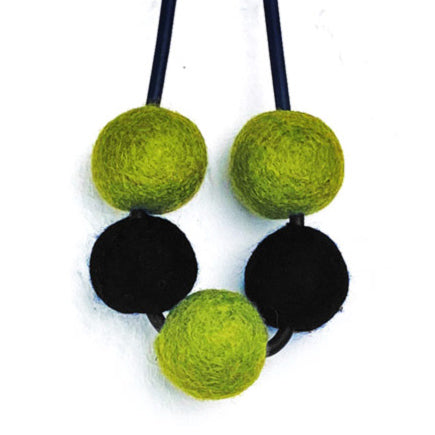 black and green 5 felt bead necklace on a white background
