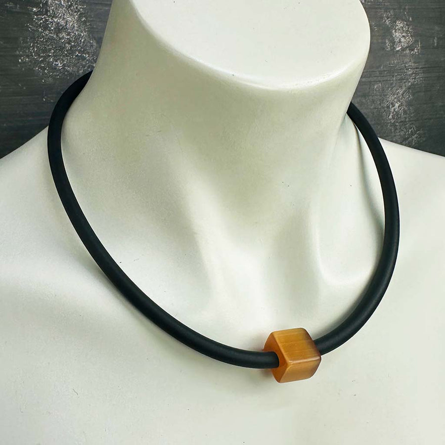 short single bead and rubber necklace -coloured glass cube