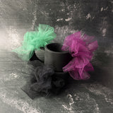 Fantasy Bangles by Frank Ideas – wide black rubber bangles with green, wine and black tulle