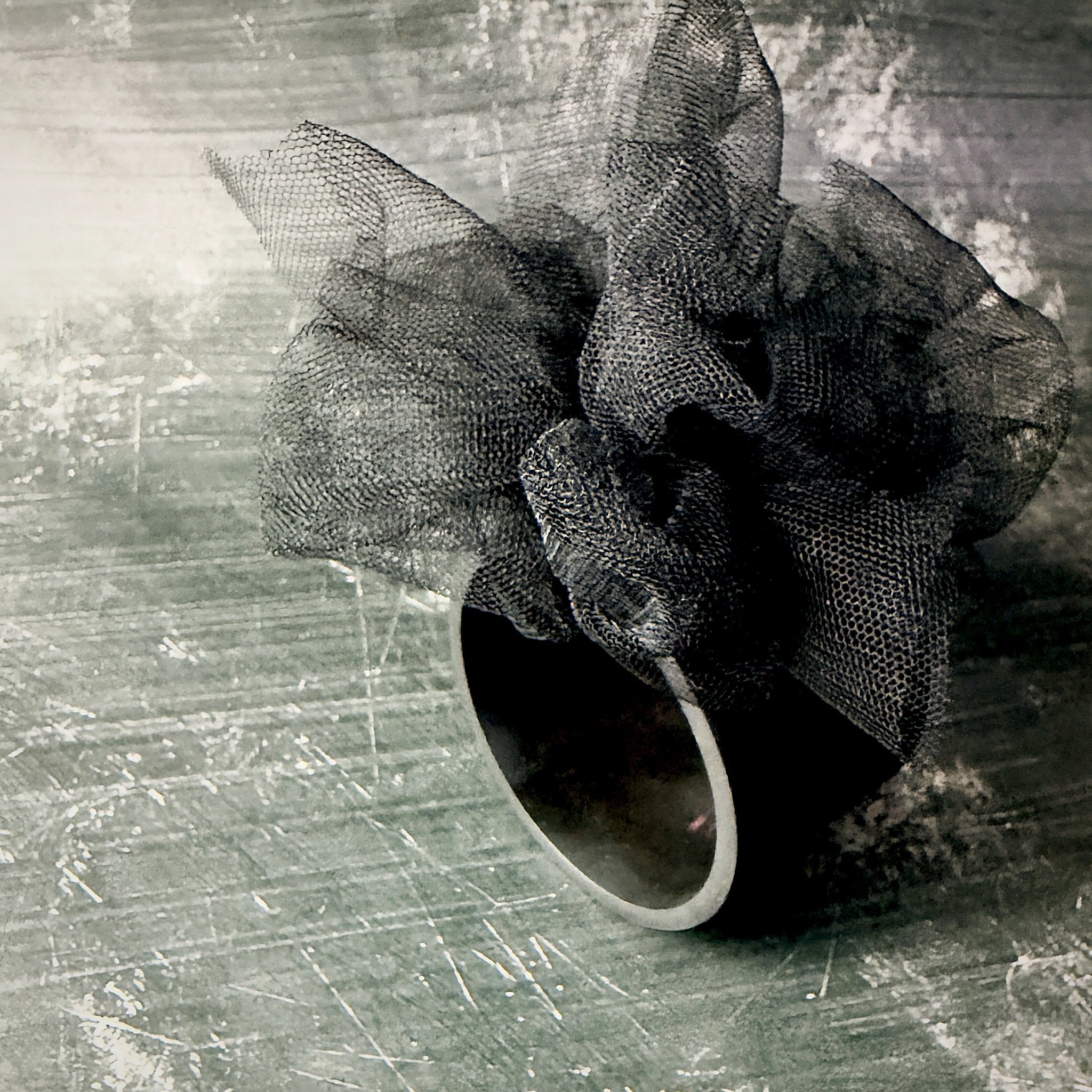 Fantasy Bangle in Black – wide black rubber bangle with black tulle, handmade by Frank Ideas